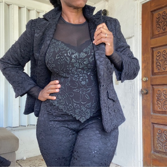 Studio One Vintage Black Beaded Lace Fully Lined Jacket and Matching Pants! - Picture 9 of 14